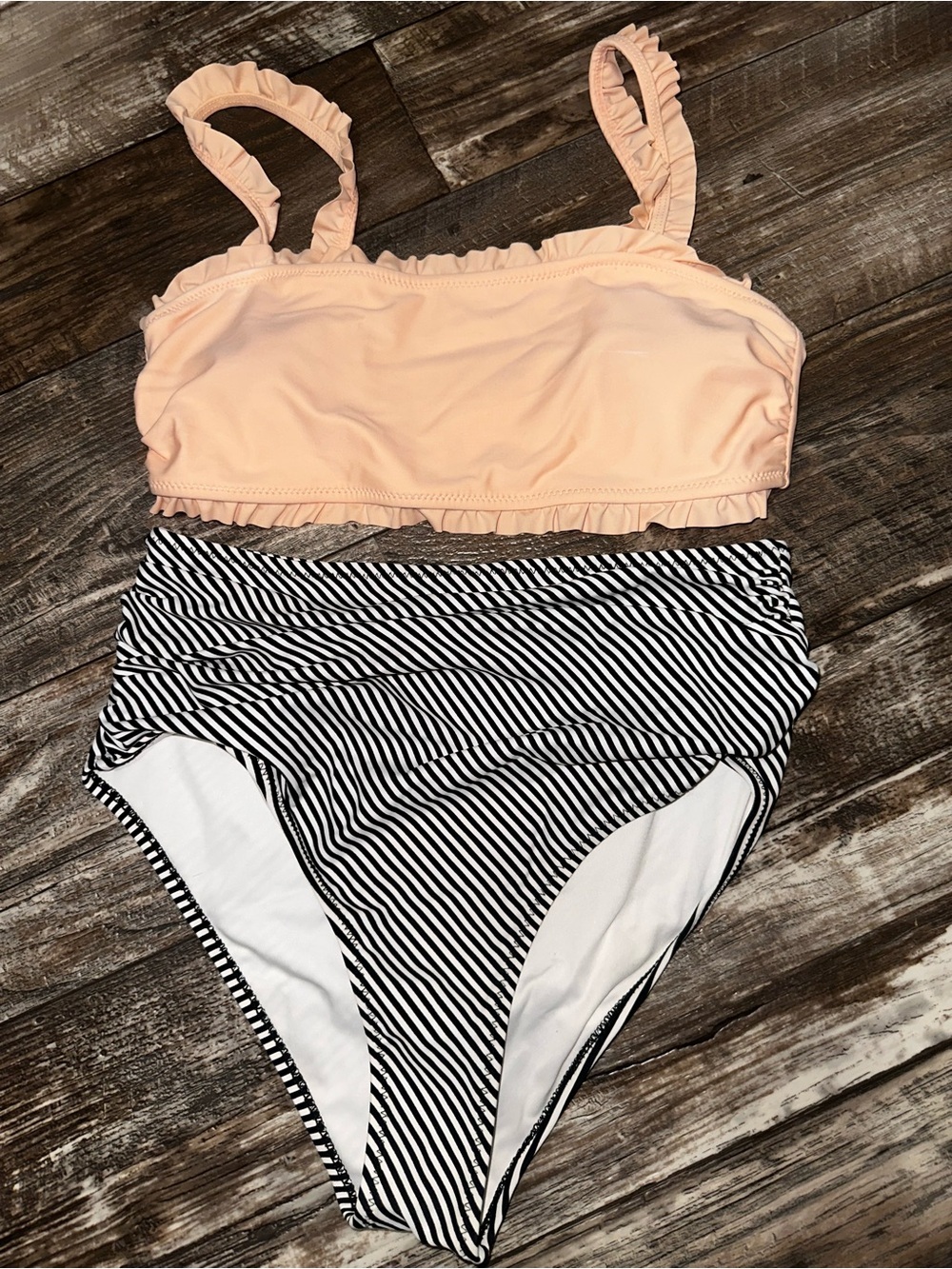 CUPSHE Peach Ruffle Bikini Top with Black & White Striped High-Waist Bottoms